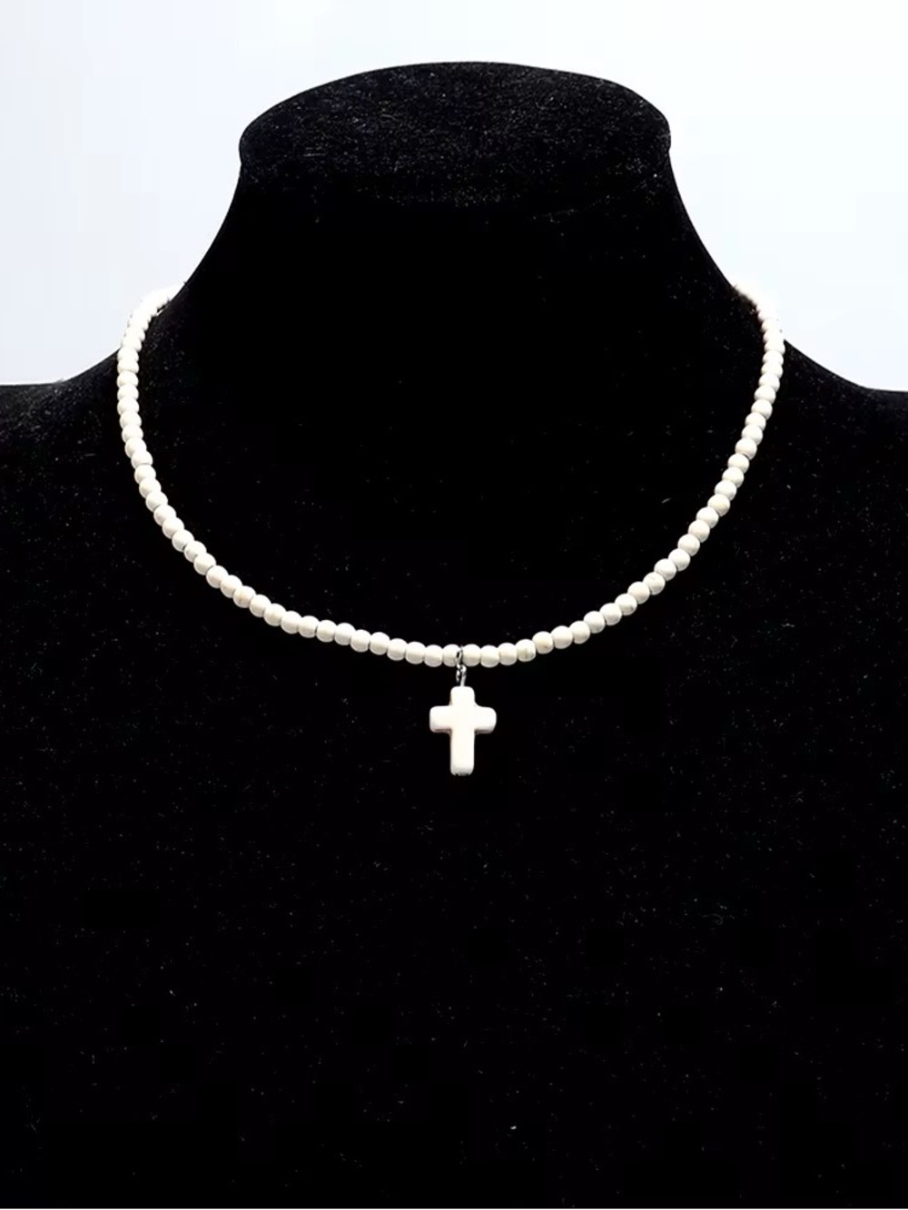 Classic White Bead Necklace with Cross Pendant - Women Jewelry